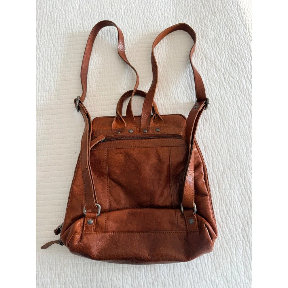 Spikes & Sparrow Cognac Brown Leather Backpack Purse Houndstooth Lining Bag